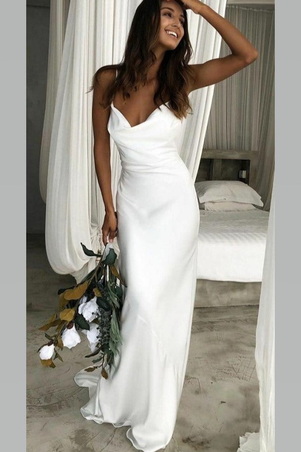 Cowl Neckline White Simple Wedding Gown ...
